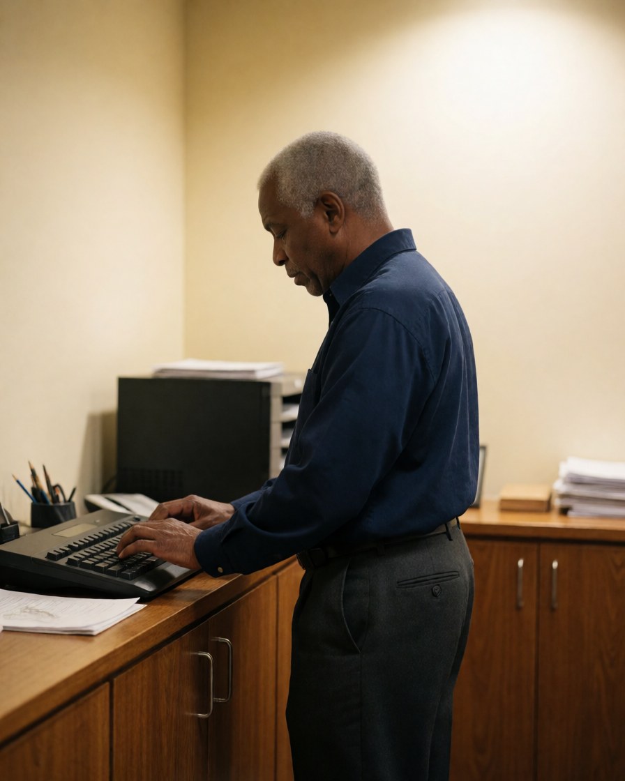 Un homme senior travaille attentivement sur un ordinateur posé sur un bureau en bois dans un bureau aux murs clairs.