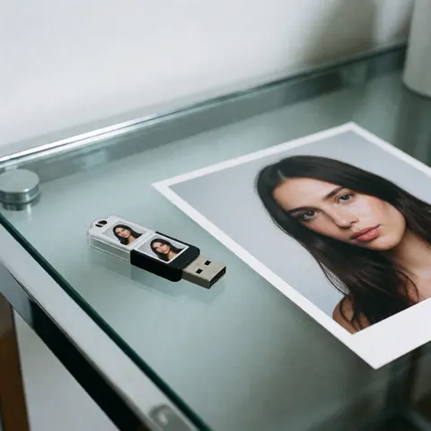 Une clé usb et une photographie imprimée posées sur un bureau en verre dans un studio de prise de vue professionnelle.