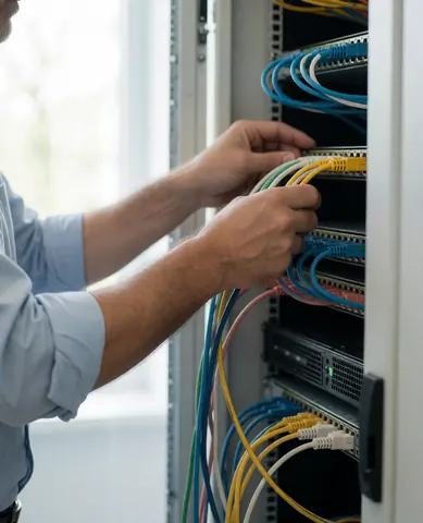Un technicien effectue le câblage réseau à l'intérieur d'un rack serveur en manipulant des câbles pour assurer la connexion.