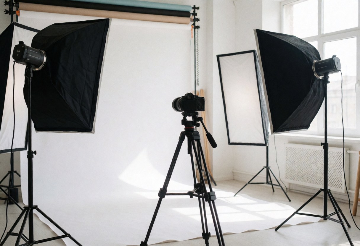 Studio photographique vide et prêt à l'emploi, équipé d'une caméra sur trépied, de softboxes et d'un fond blanc lumineux pour des prises de vue professionnelles.