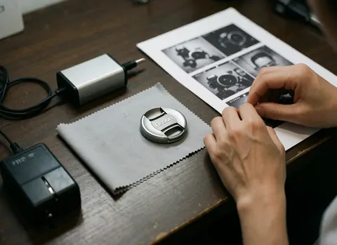 Mains d'un photographe travaillant avec un objectif et un chiffon en microfibre sur une table en bois sombre, près d'un chargeur et d'une feuille de contact.