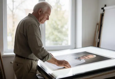 Un photographe professionnel examine une impression photographique sur une table dans un studio éclairé par la lumière naturelle d'une fenêtre.