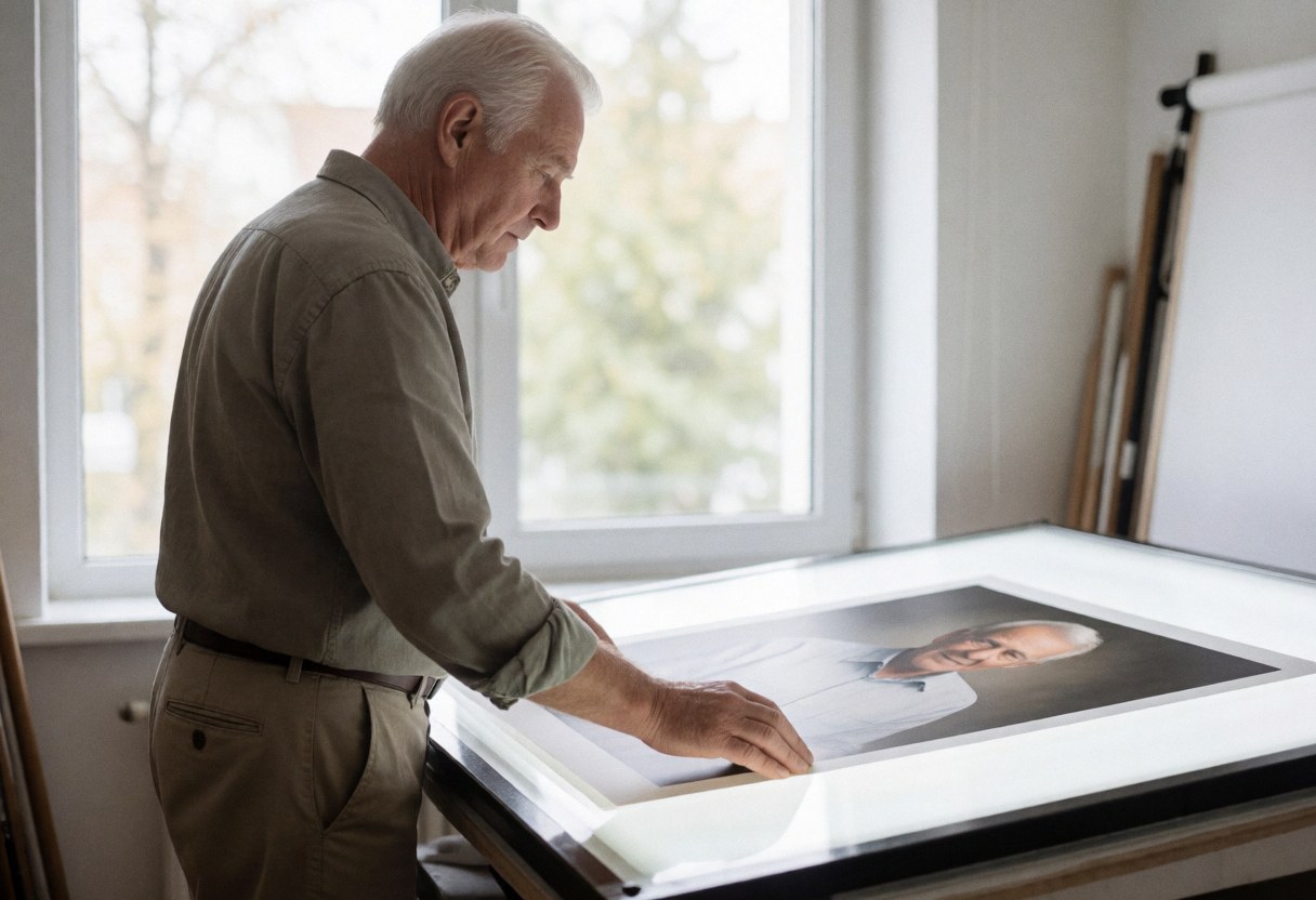 Un photographe professionnel examine une impression photographique sur une table dans un studio éclairé par la lumière naturelle d'une fenêtre.
