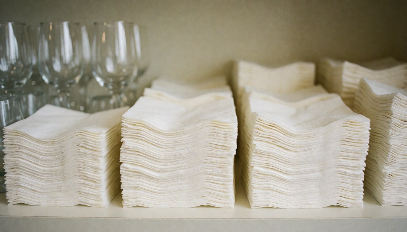 Arrière-plan texturé blanc élégant avec des serviettes, des verres à vin et de la vaisselle disposés sur une table, idéal comme fond neutre pour vos textes promotionnels.