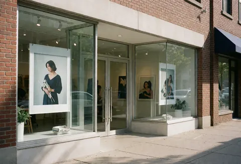 Façade d'un studio photographique contemporain présentant des murs en briques rouges, de grandes baies vitrées exposant des œuvres artistiques et une entrée élégante invitant les clients.