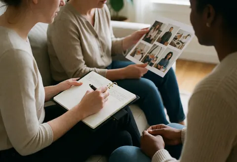 Une planificatrice prend des notes pendant qu'un client examine un mood board de décoration dans un salon professionnel.