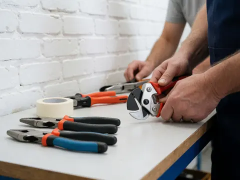 Vue détaillée d'outils de plomberie disposés sur une surface de travail, incluant un coupe-tube pour divers matériaux.