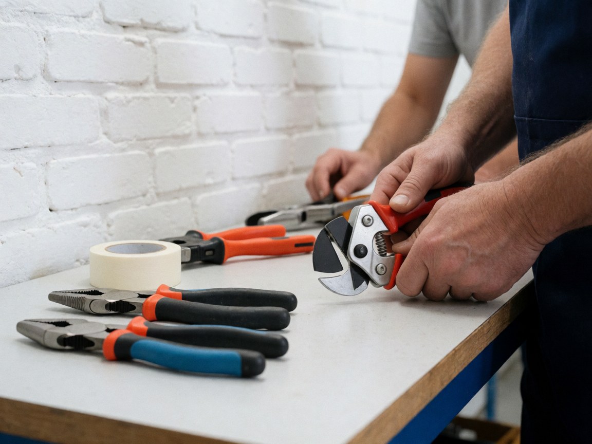 Vue détaillée d'outils de plomberie disposés sur une surface de travail, incluant un coupe-tube pour divers matériaux.