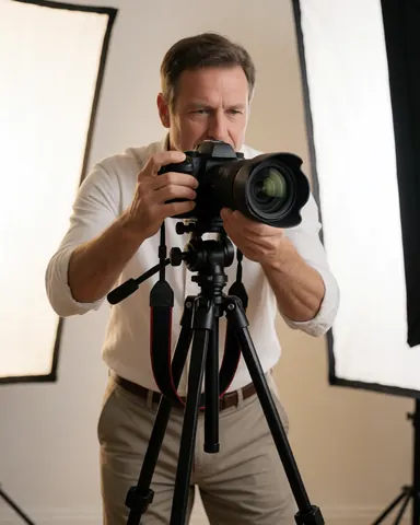 Un photographe professionnel règle son appareil photo monté sur un trépied dans un studio lumineux avec un softbox, créant une ambiance de travail propre et professionnelle.