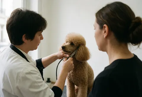 Un groomer professionnel effectue une coupe de poil sur un caniche avec des ciseaux dans un salon lumineux.