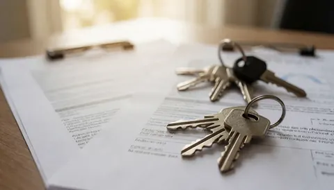 Des clés de maison et des papiers liés à l'immobilier posés sur un bureau en bois avec un éclairage chaleureux et un arrière-plan flou.