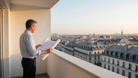 Une vue imprenable sur la ville européenne depuis un balcon lumineux avec une architecture moderne et un ciel clair.