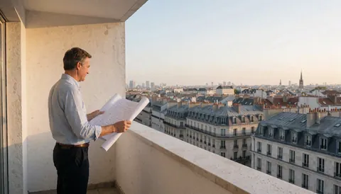 Une vue imprenable sur la ville européenne depuis un balcon lumineux avec une architecture moderne et un ciel clair.