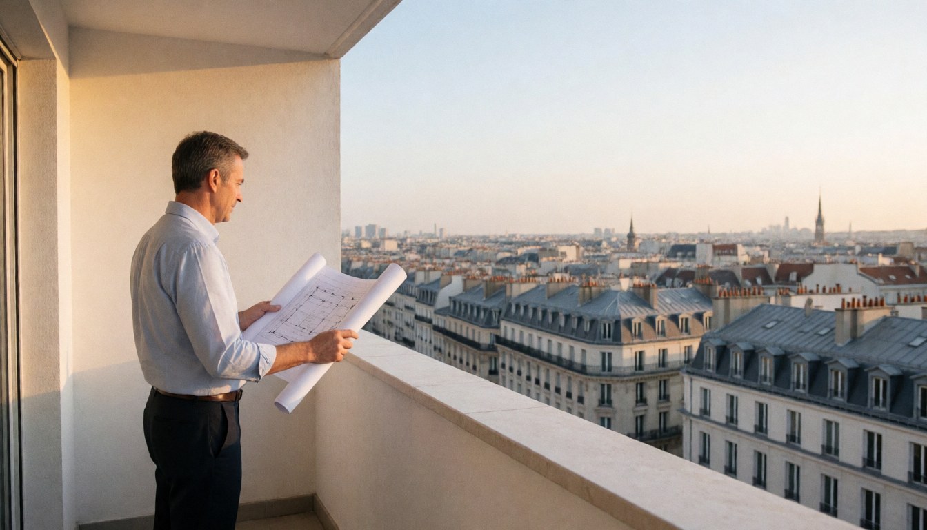 Une vue imprenable sur la ville européenne depuis un balcon lumineux avec une architecture moderne et un ciel clair.