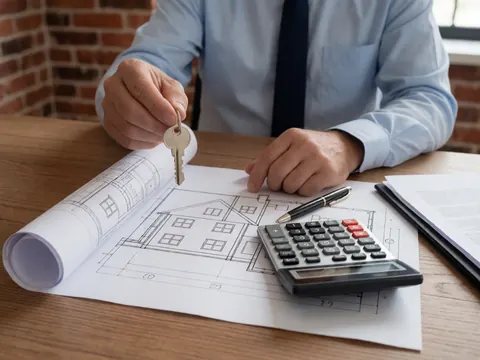 Des mains tenant des plans architecturaux et une clé posés sur un bureau en bois, évoquant l'immobilier et la transaction immobilière.