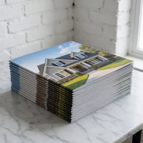 Plusieurs brochures immobilières disposées sur une surface en marbre blanc avec des briques blanches, éclairage professionnel pour présentation marketing.