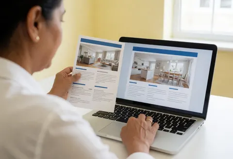 Une femme d'affaires examine un prospectus immobilier tout en comparant des images sur son ordinateur portable dans un bureau lumineux aux murs jaunes.