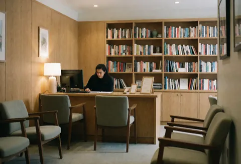 Réception d'agence immobilière avec bureau en bois, chaises d'attente et étagères de livres. Une personne travaille sur un ordinateur dans un cadre professionnel.
