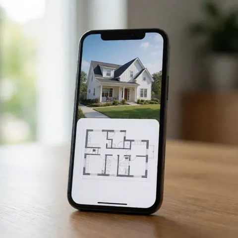 Un téléphone mobile posé sur un bureau en bois clair, éclairé par une lumière naturelle douce, évoquant l'immobilier et la vente de maisons.