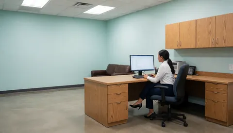 Une femme d'affaires concentrée travaille sur un ordinateur portable dans un environnement de bureau moderne.