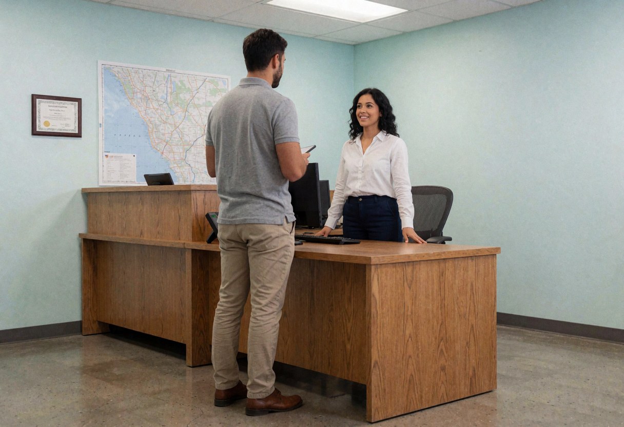 Une agente de sécurité en uniforme accueille un client devant son bureau avec carte murale et certificat.