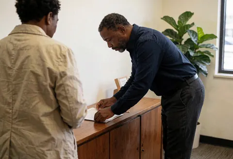 Un agent professionnel en costume explique les détails d'un contrat ou d'un document à un client dans un bureau moderne avec des plantes vertes.