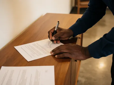 Une main tenant un stylo noir signe un document posé sur un bureau en bois clair dans un environnement professionnel avec mur blanc et sol gris.