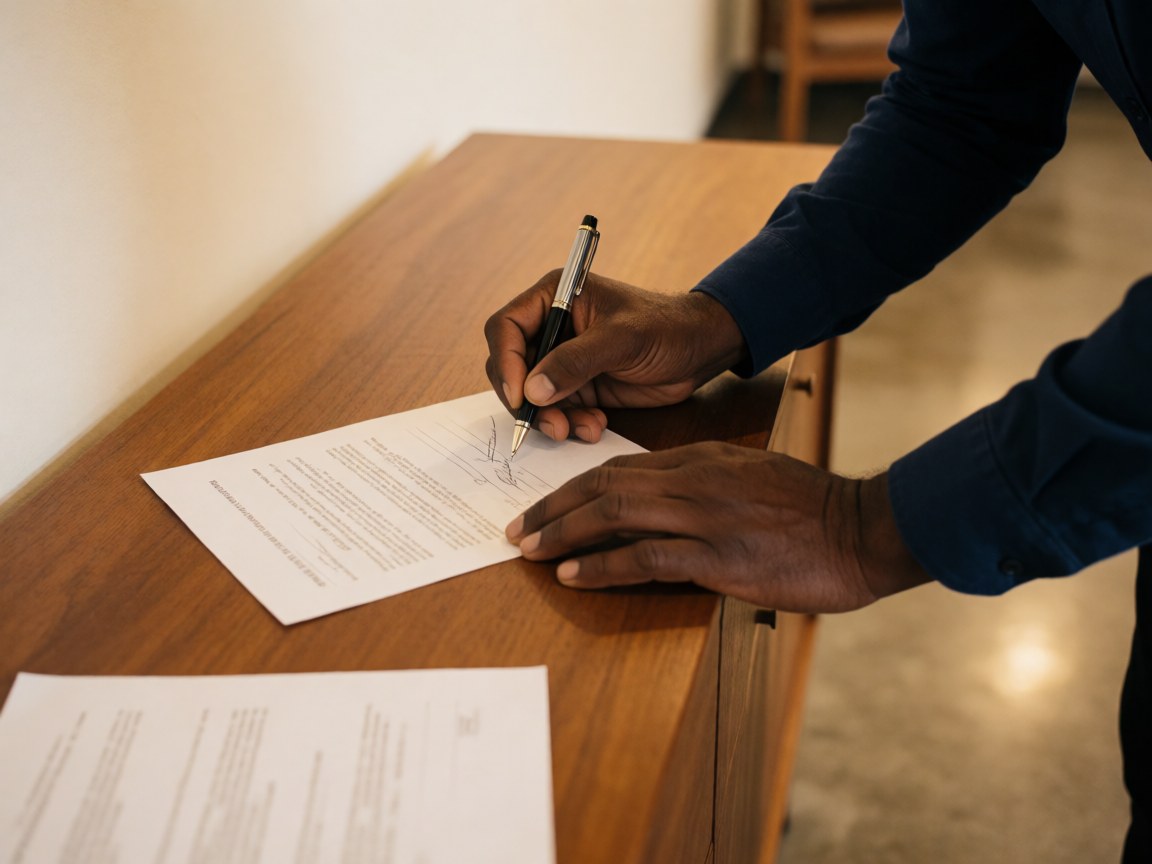 Une main tenant un stylo noir signe un document posé sur un bureau en bois clair dans un environnement professionnel avec mur blanc et sol gris.