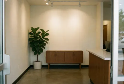 Vue rapprochée de la tête d'une personne se tenant devant un mur texturé en béton, dans un espace de bureau lumineux et minimaliste prêt à l'ouverture.