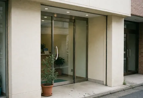 Façade moderne avec porte vitrée et plante en pot devant une agence d'assurance offrant un accès facile.