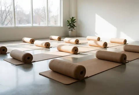 Studio de yoga vide avec mantes et coussins, lumière naturelle par la fenêtre, plante, sol en béton, ambiance sereine et minimaliste pour cours de yoga et pilates.