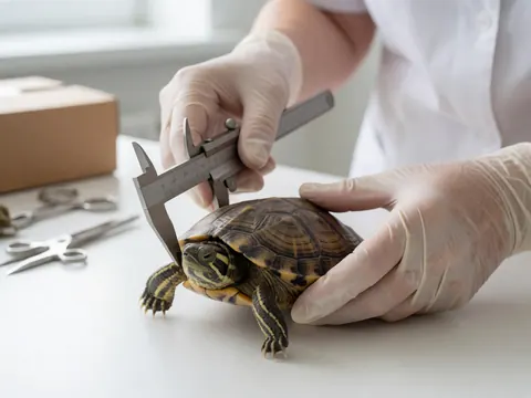 Des mains portant des gants médicaux utilisent un pied à coulisse pour mesurer une tortue dans un environnement clinique professionnel et stérile.