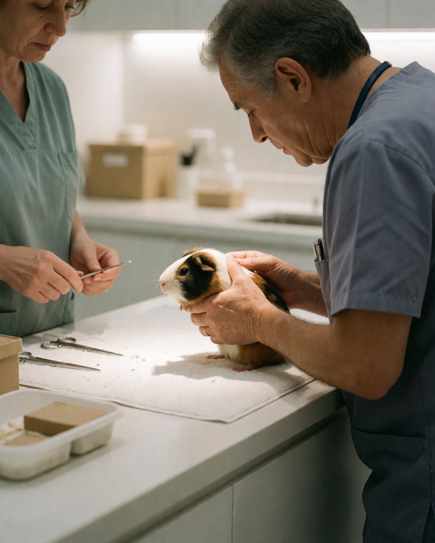 Un vétérinaire en uniforme bleu examine un cobaye sur une table blanche, tandis qu'une assistante tient des instruments dans une clinique moderne et propre.