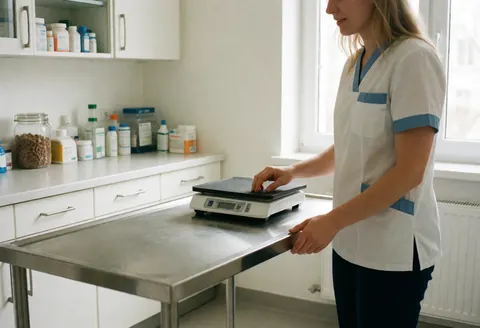Intérieur d'un cabinet vétérinaire moderne avec table d'examen en acier inoxydable, balance pour animaux et fournitures médicales disposées sur les surfaces.