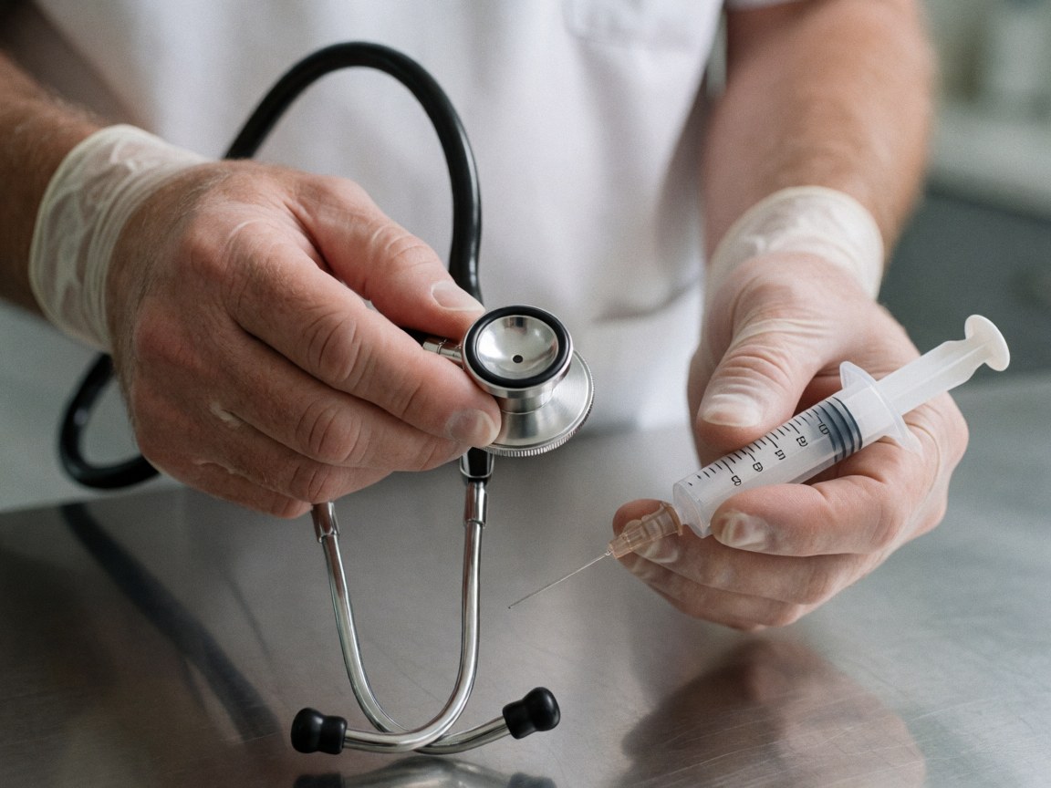 Mains portant des gants blancs tenant un stéthoscope et une seringue sur une table d'examen métallique dans un contexte clinique vétérinaire professionnel.