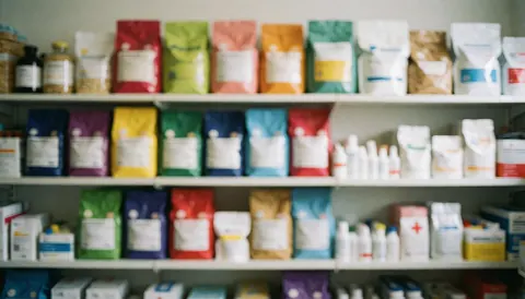 Fond d'étagères contenant des sacs d'aliments pour animaux et divers produits vétérinaires, avec un flou artistique idéal pour superposer du texte.