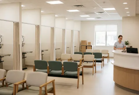 Intérieur d'une clinique vétérinaire montrant un espace de réception, des fauteuils pour les clients et des salles d'examen vides, baignées de lumière naturelle dans un décor propre et professionnel.