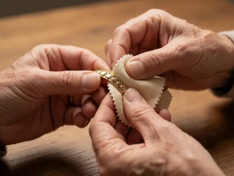 Des mains adultes polissent un bracelet en or avec un tissu doux sur une table en bois, sous une lumière chaude qui met en valeur le brillant du métal.