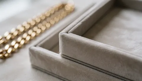 Plateaux en velours beige et chaîne dorée floue offrant une texture douce et luxueuse avec des tons neutres pour un fond élégant.