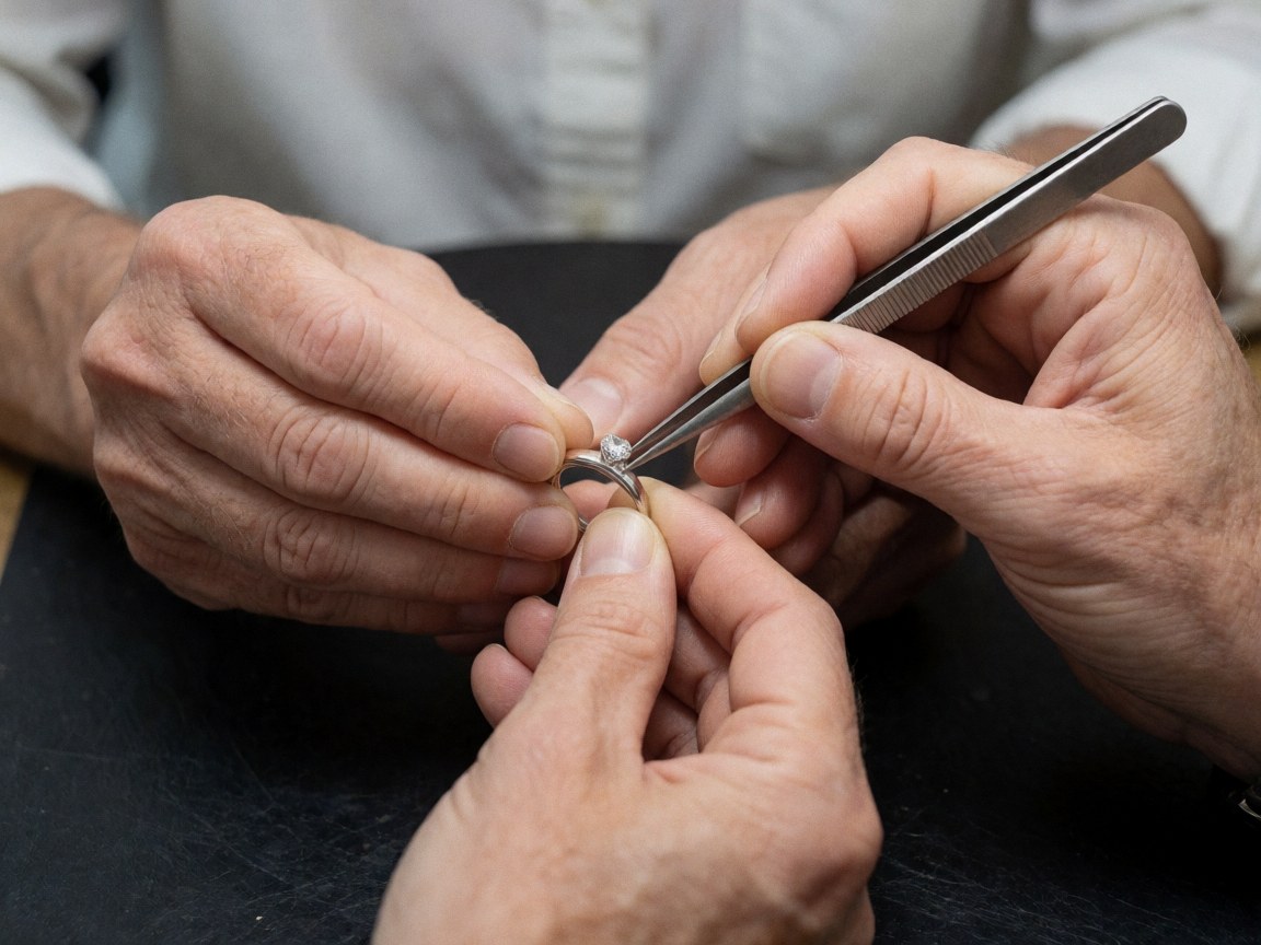Gros plan montrant un diamant en cours de montage sur une monture en argent, avec des pinces et des outils de joaillerie sur un fond sombre.