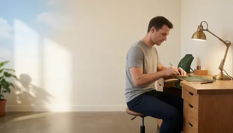 Un artisan joaillier travaille avec soin dans son atelier, assis devant une table en bois équipée d'outils et d'une lampe, baigné de lumière naturelle.