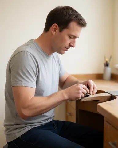 Un artisan concentré polit une bijou en or sur une table de travail en bois clair, entouré d'outils dans un environnement professionnel et lumineux.