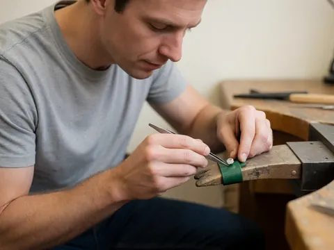 Gros plan détaillé montrant la précision du travail artisanal avec des outils de bijouterie et des pierres précieuses.