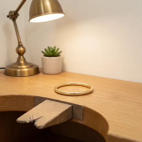 Un bijou terminé est exposé sur un petit présentoir en bois, accompagné d'une plante succulente et d'une lampe pour mettre en valeur l'artisanat.