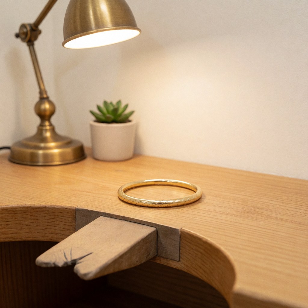 Un bijou terminé est exposé sur un petit présentoir en bois, accompagné d'une plante succulente et d'une lampe pour mettre en valeur l'artisanat.