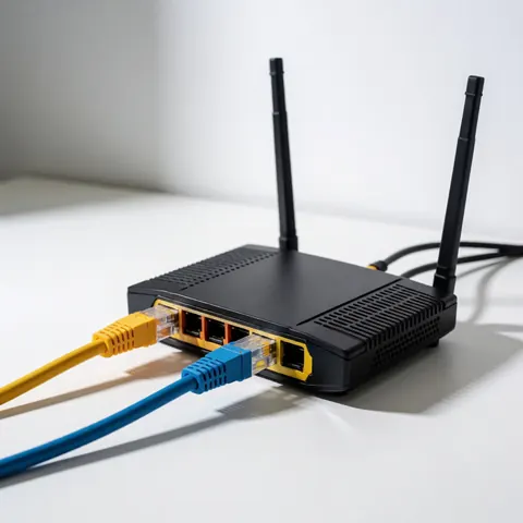 Vue de dessus d'un routeur réseau avec plusieurs câbles ethernet branchés posé sur une surface blanche propre, illustrant l'infrastructure technologique.