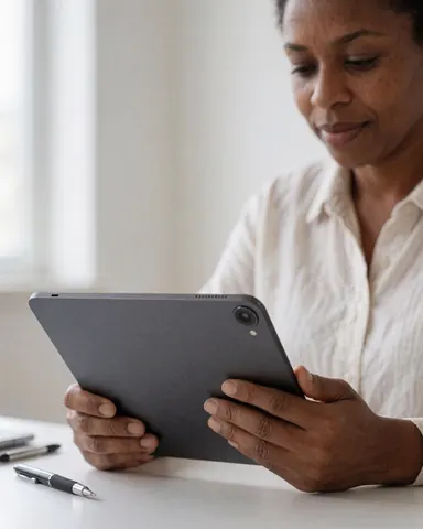 Une femme souriante utilise une tablette numérique dans un environnement lumineux, illustrant la satisfaction client et la productivité technologique au quotidien.
