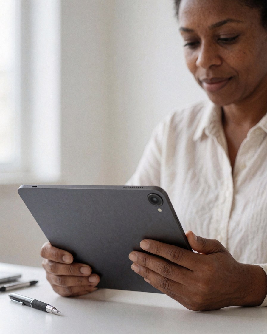 Une femme souriante utilise une tablette numérique dans un environnement lumineux, illustrant la satisfaction client et la productivité technologique au quotidien.