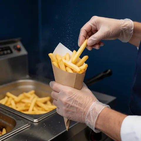 Une main portant un gant jette du sel sur des frites servies dans un cône en papier, avec une friteuse et un mur bleu en arrière-plan.