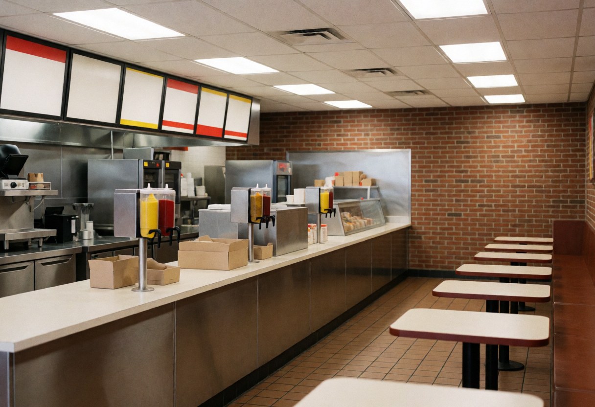 Vue intérieure d'un restaurant de fast-food inoccupé, montrant un comptoir, des chaises, un mur en briques et un éclairage fluorescent, prêt à accueillir la clientèle.